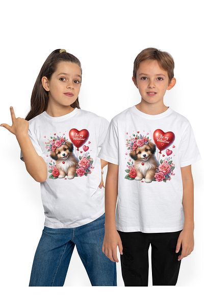 StoryGift Romania Tricou Copii Cu Un Catelus Fericit, Jucaus, Grija, Ilustratie, Flori, Plante, Balon In For