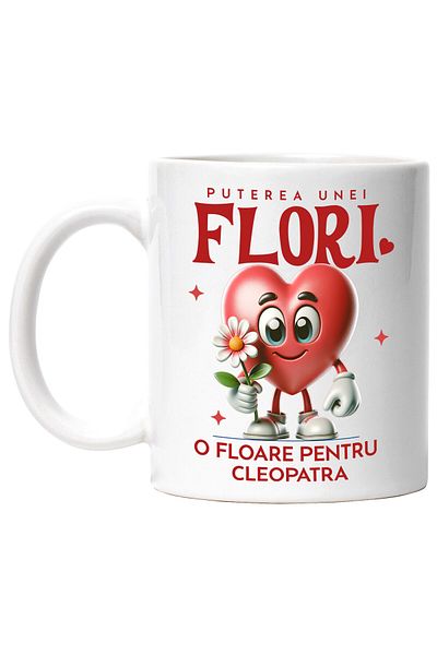 StoryGift Romania Happy Heart Mug with Flower Text The Power of a Flower, A Flower for Cleopatra, With White Handle