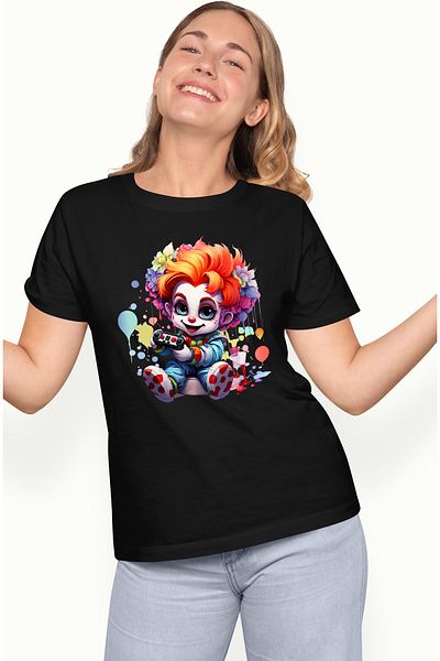 StoryGift Romania Women's T-shirt with a clown boy, illustration, color spots, holding a control BLK_L, STG58031