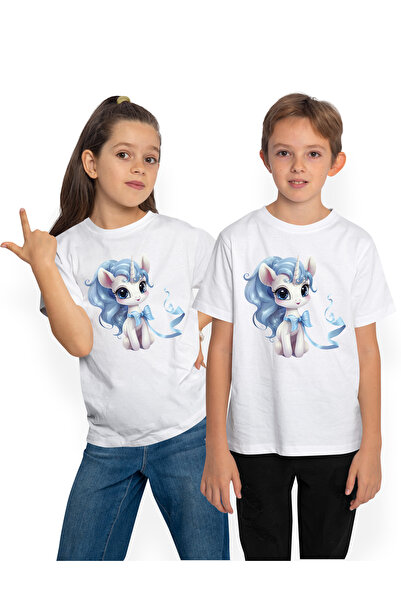StoryGift Romania Tricou Copii Cu Un Unicorn Vesel, Ilustratie, Coama Albastr...