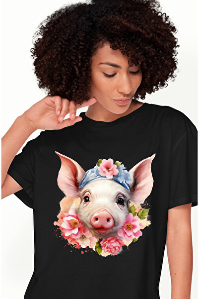 StoryGift Romania Tricou Femei Cu Un Purcel Curios, Ilustratie, Flori, Arta A...