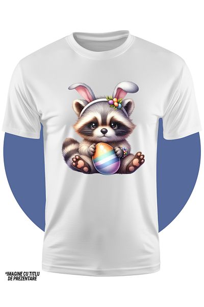 StoryGift Romania Tricou Copii Cu Un Pui De Raton Care Tine Un Ou Vopsit, Ilustratie, Urechi De Iepuras, Juc