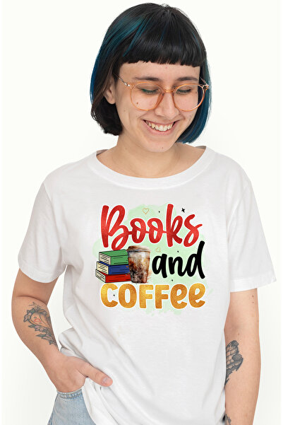 StoryGift Romania Tricou Femei Cu Mesajul "books And Coffee", Ilustratie, Sco...