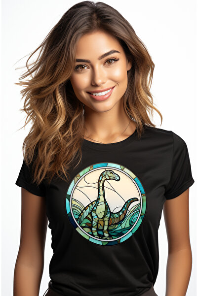 StoryGift Romania Tricou Femei Cu Un Dinozaur In Stil Mozaic, Ilustratie, Verde, Sticla, Lumina, C Blk_l