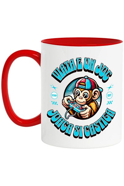 StoryGift Romania Monkey Mug With Cap Lever Video Games Hobby Gamer Text In Romanian Vi, With Red Handle