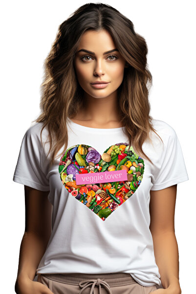 StoryGift Romania Tricou Femei Cu Inima Legume Multicolore, Text In Engleza Veggie Lover, Vegetari Wht_m