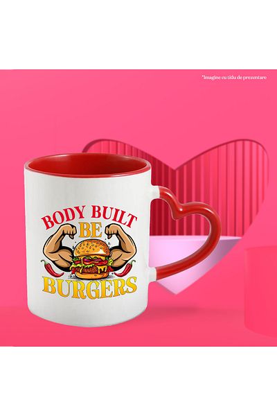 StoryGift Romania Mug with a hamburger with muscles with the message "Body built, be burgers", peppers, meat, With ,STG.