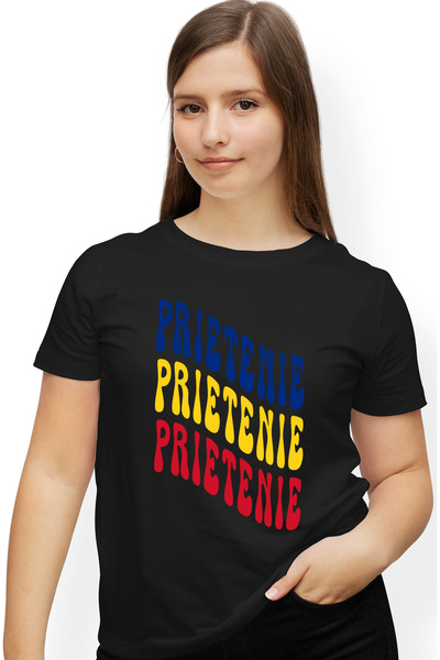 StoryGift Romania Tricou Femei Cuvantul Prietenie, In Culorile Steagului Romaniei, Rosu, Galben, A Blk_l