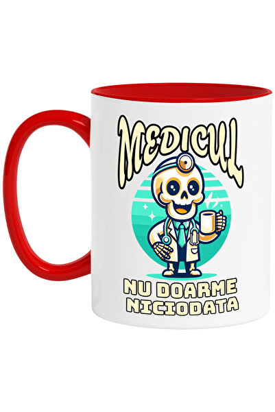 StoryGift Romania Cana Cu Schelete Vesel Cu Cana De Cafea Text Haios Medicul Nu Doarme Niciodata E, Cu Maner Rosu Stg