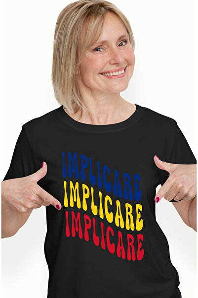 StoryGift Romania Tricou Femei Cuvantul Implicare, In Culorile Steagului Romaniei, Rosu, Galben, A Blk_l