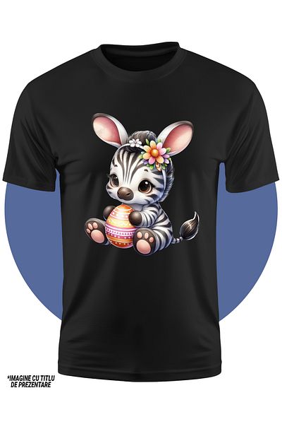 StoryGift Romania Children's T-shirt with a baby zebra holding a painted egg, illustration, flowers, rabbit ears, STG4
