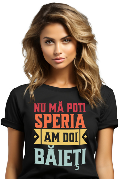 StoryGift Romania Tricou Femei Nu Ma Poti Speria. Am Doi Baieti Mama, Familie Cu Imprimeu Pe Fata, Blk_l