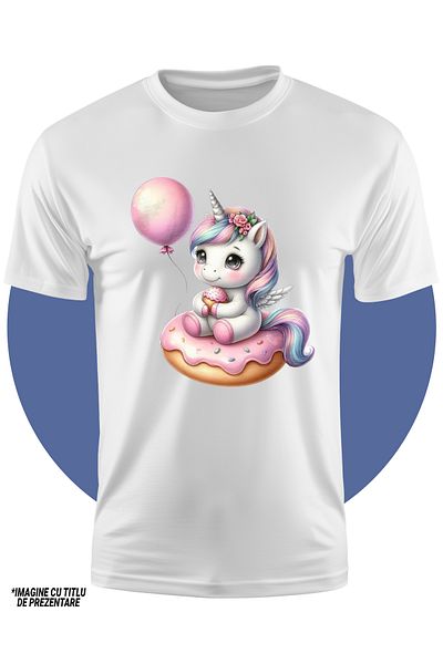 StoryGift Romania Tricou Copii Cu Un Unicorn Micut Care Sta Pe O Gogoasa, Ilustratie, Dulciuri, Balon, Jucau