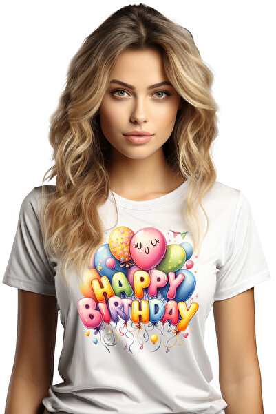 StoryGift Romania Tricou Femei Cu O Multime De Baloane Divers Colorate Cu Mesajul "happy Birthday" Wht_l