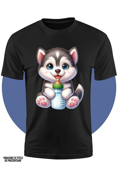 StoryGift Romania Tricou Copii Cu Un Catelus Husky Care Tine Un Biberon Cu Lapte, Ilustratie, Sugar, Copilar