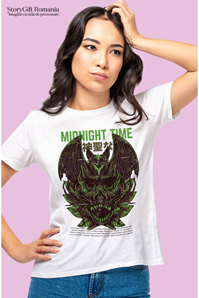 StoryGift Romania Tricou Femei Cu Craniu Schelete Monstru Din Jungla Text In Engleza Midnight Time WHT_L