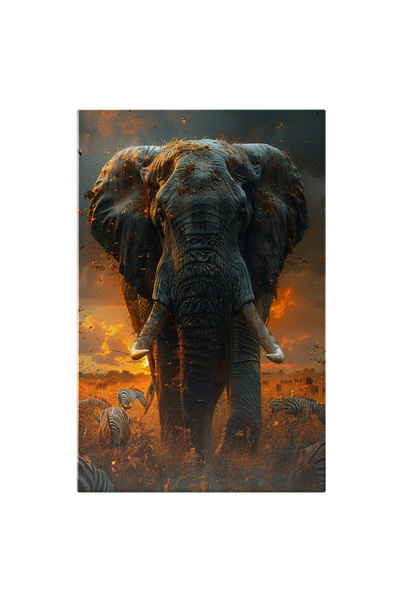 StoryGift Romania Tablou Canvas Amintiri Din Savană Elefantul Și Umbra Sa Lungă Înconjurat De Zebre La Apus , Pic