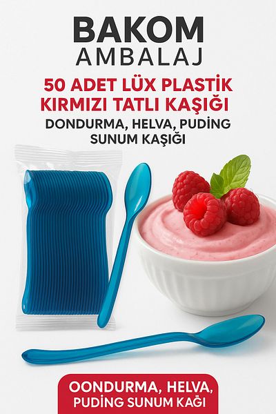 BAKOM AMBALAJ 50 Pieces Luxury Plastic Blue Dessert Spoons |   Ice Cream, Halva, Pudding Presentation Spoon