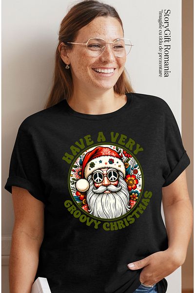 StoryGift Romania Tricou Femei Cu Mos Craciun Cu Mesajul "have A Very Groovy Christmas", Craciun F Blk_l