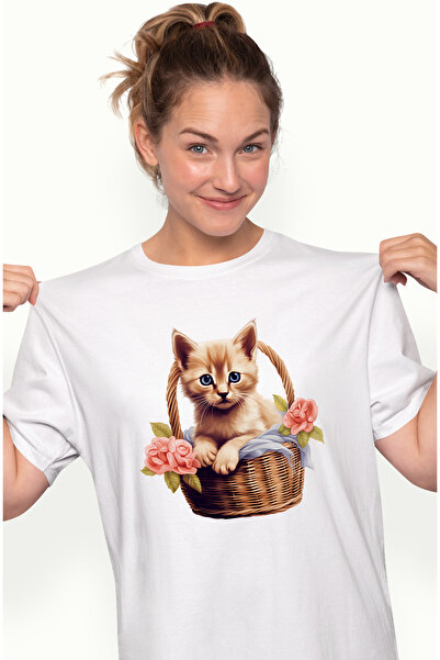 StoryGift Romania Tricou Femei Cu O Pisicuta Care Sta Intr-un Cosulet, Ilustr...