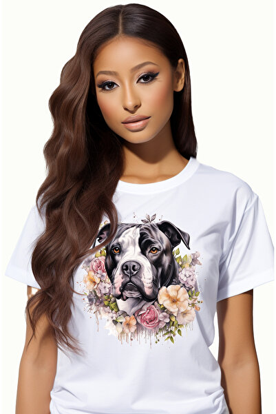 StoryGift Romania Tricou Femei Cu Un Caine Boxer, Ilustratie, Inconjurat Cu Diferite Floricele, Na Wht_l