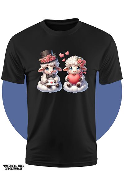 StoryGift Romania Tricou Copii Cu O Oita Si Un Berbec, Ilustratie, Timiditate, Inimioare, Flori, Valentine's