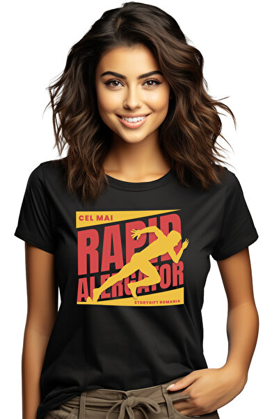 StoryGift Romania Tricou Femei Silueta Umana Alergand Cel Mai Rapid Alergător Cu Imprimeu Pe Fata, Blk_l