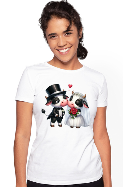 StoryGift Romania Tricou Femei Cu O Vacuta Si Un Taur La Nunta, Ilustratie, I...