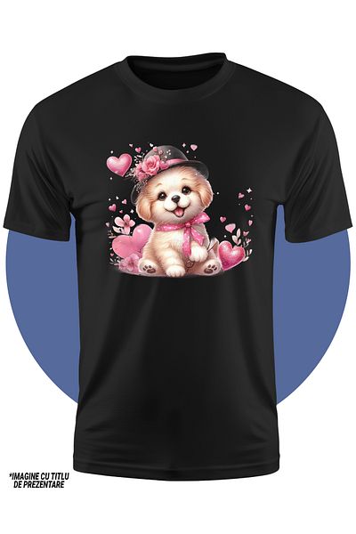 StoryGift Romania Tricou Copii Cu Un Catelus Vesel, Cu Palarie Neagra, Flori, Inimioare, Ilustratie, Valenti