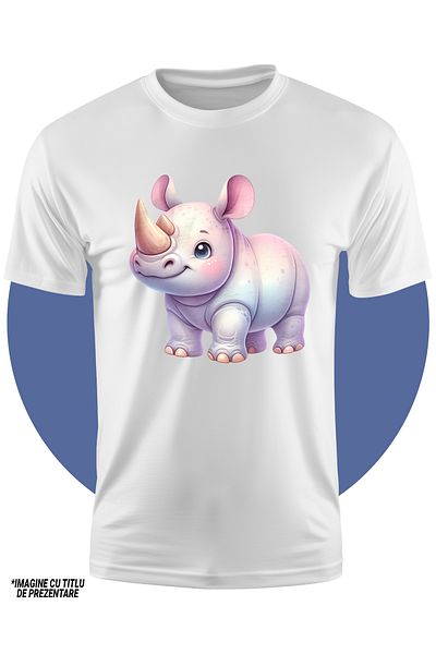 StoryGift Romania Tricou Copii Cu Un Rinocer Vesel, Ilustratie, Animal Salbatic, Timid, Fericire, 100% Bumb