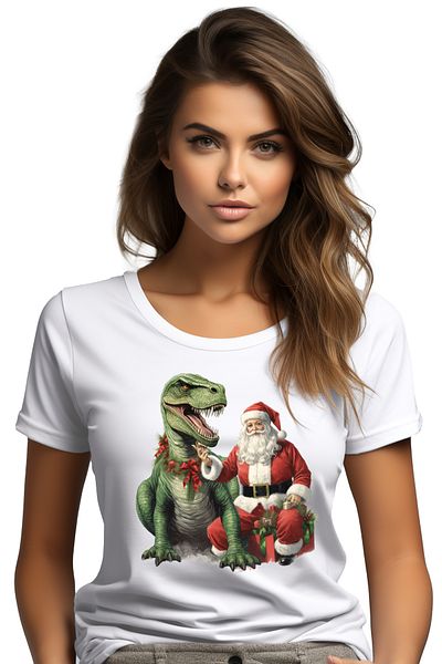 StoryGift Romania Tricou Femei Cu Mos Craciun Care Sta Langa Un Dinozaur Verde Cu Dintii Ascutiti, Wht_l