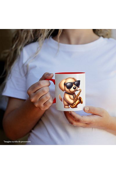 StoryGift Romania Mug with a Golden Retriever puppy playing the saxophone | illustration | glasses, Cu,STG