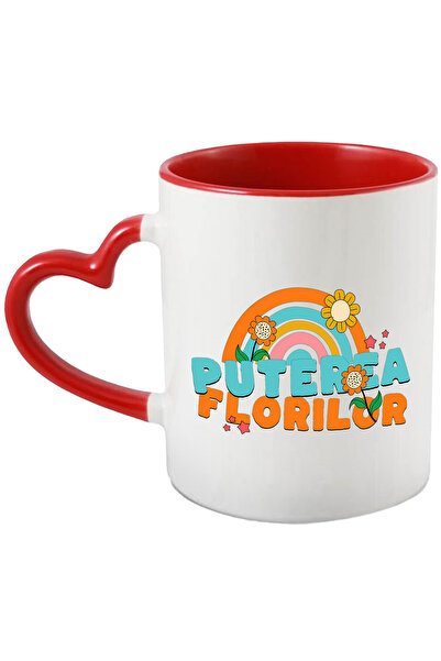 StoryGift Romania Cana Cu Curcubeu Colorat Flori Diverse Text Puterea Florilor Natura Frumusete, C, Cu Maner Inim Stg