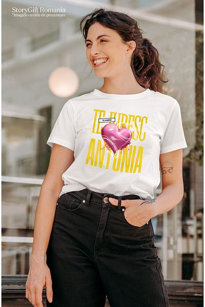 StoryGift Romania Tricou Femei Te Iubesc Antonia, Dragoste, Inima, Iubire, Sfantul Valentin, Drago Wht_l