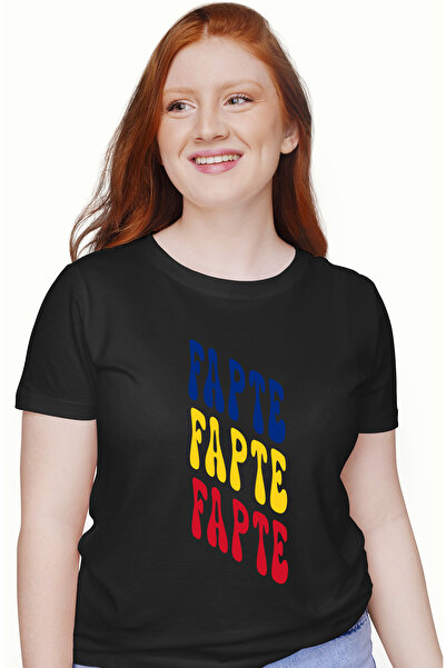 StoryGift Romania Tricou Femei Cuvantul Fapte, In Culorile Steagului Romaniei, Rosu, Galben, Albas Blk_l