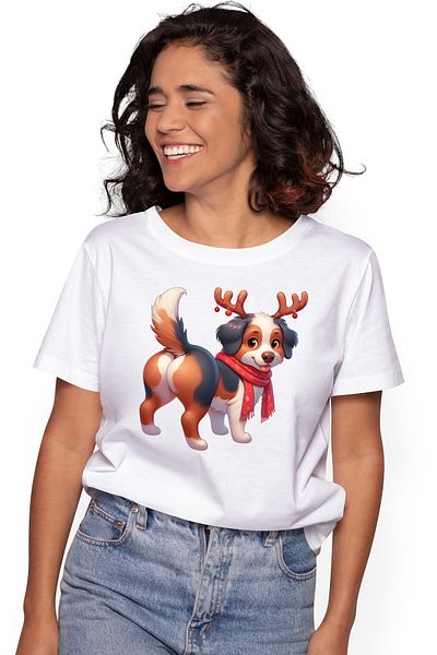 StoryGift Romania Tricou Femei Cu Un Catel Vesel Care Poarta Coarne De Ren, Ilustratie, Fular, Iar Wht_l