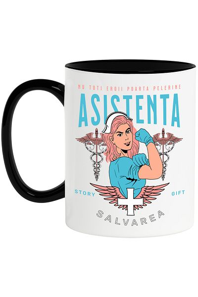 StoryGift Romania Cana Asistenta Medicala Super Erou Salvarea , 330ml, Ceramica Cu Maner Negru, Cu Maner Negru Stg