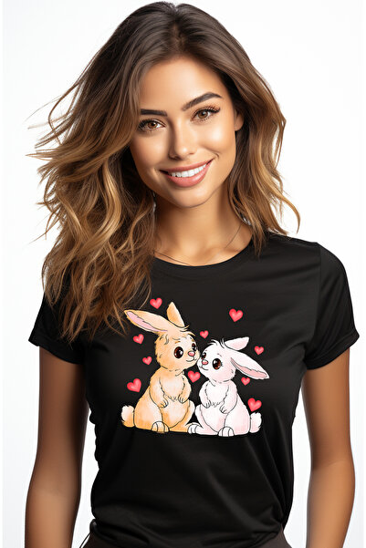 StoryGift Romania Tricou Femei Cu 2 Iepurasi, Valentine's Day, Ilustratie, In...