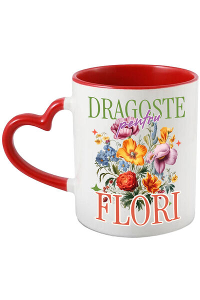 StoryGift Romania Cana Cu Buchet De Flori Colorate Text Dragoste Pentru Flori Natura , Ceramica, 3, Cu Maner Inim Stg