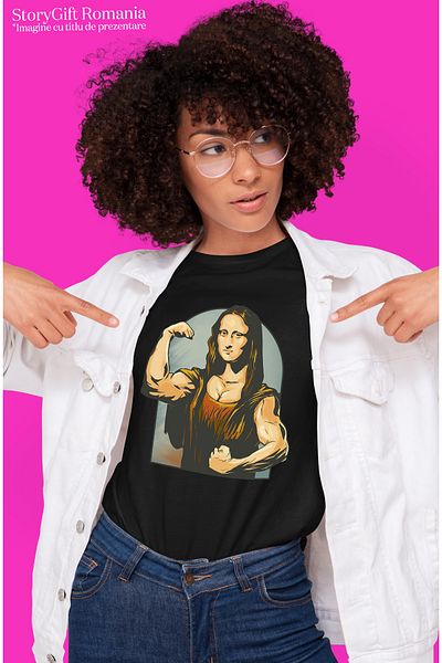 StoryGift Romania Women's Personalized T-Shirt Monalisa, Bodybuilder, Reinterpreted Leonardo da Vinci BLK_S,STG30717