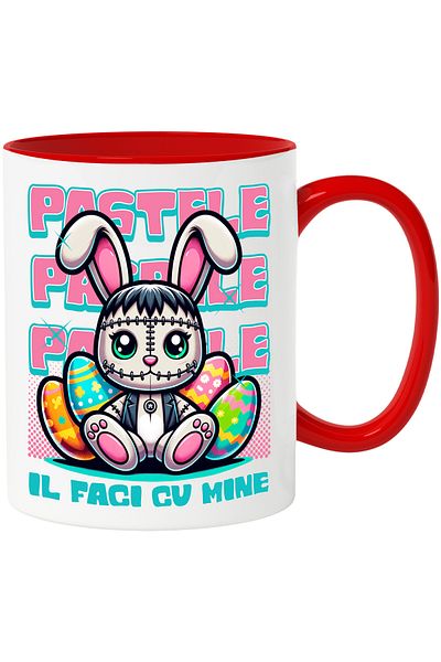 StoryGift Romania Cana Pastele Il Faci Cu Mine Oua Colorate Sarbatoare, 330ml, Ceramic Cu Maner Ro, Cu Maner Rosu Stg