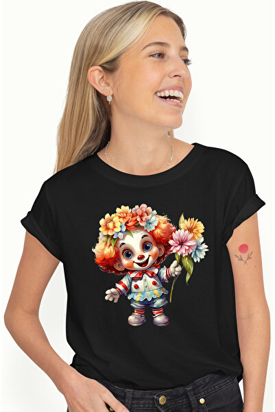 StoryGift Romania Tricou Femei Cu Un Baietel Clovn, Ilustratie, Tine Niste Fl...