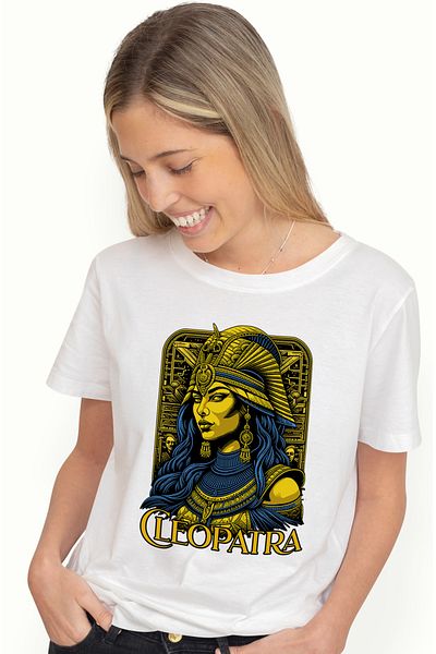 StoryGift Romania Women's T-shirt Cleopatra Queen of Gold, Egypt Fortune with Print on Face, 100% Cotton WHT_L, STG54165