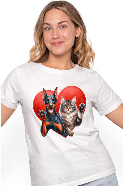 StoryGift Romania Tricou Femei Cu O Pisica Si Un Caine, Ilustratie, Fac Cu Ma...