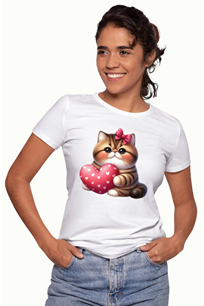 StoryGift Romania Tricou Femei Cu O Pisicuta Grasuta Care Tine O Inima, Ilust...