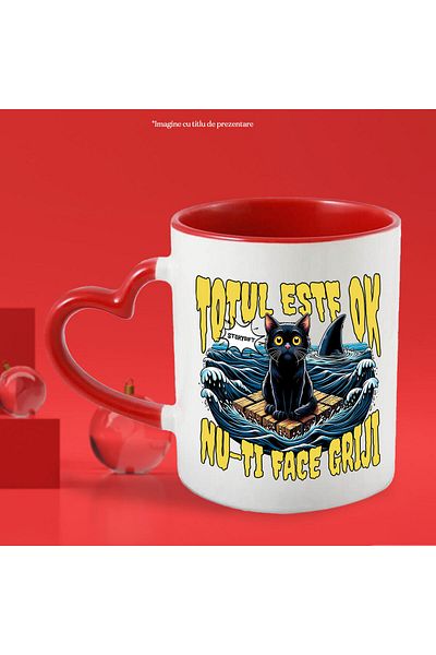 StoryGift Romania Mug with Cat Anxiety On The Sea Sharks Funny Text Everything Is Ok, Don't Worry, With ,STG.