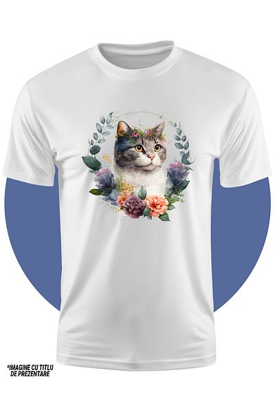 StoryGift Romania Tricou Copii Cu O Pisica Serioasa, Ilustratie, Coroana Din Flori Divers Colorate, Natura,