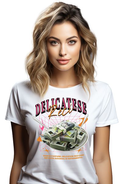 StoryGift Romania Tricou Femei Delicatese Reci - Banii In Farfurie, Cu Imprimeu Pe Fata, 100% Bum Wht_l