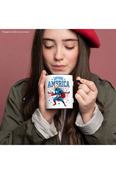 StoryGift Romania Mug with Sphynx Cat in Captain America Costume with Cape, Night Hero, By, with Black Handle STG