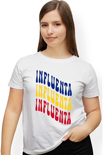 StoryGift Romania Tricou Femei Cuvantul Influenta, In Culorile Steagului Romaniei, Rosu, Galben, A Wht_m